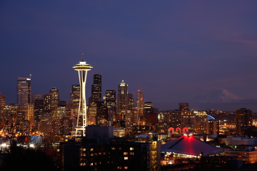 Seattle Skyline at twilight with clear view to Mt. Rainier